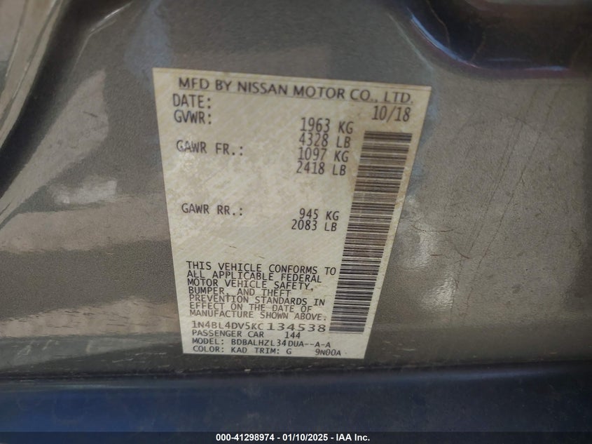 2019 NISSAN ALTIMA VIN: 1N4BL4DV5KC134538