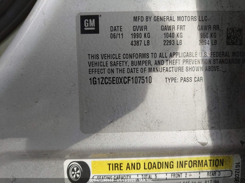 2012 CHEVROLET MALIBU VIN: 1G1ZC5E0XCF107510