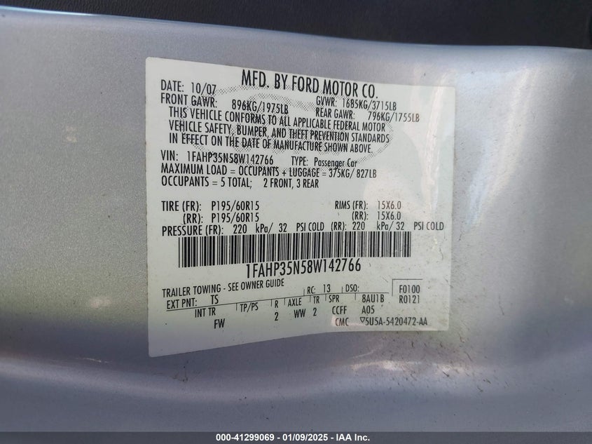 2008 FORD FOCUS VIN: 1FAHP35N58W142766