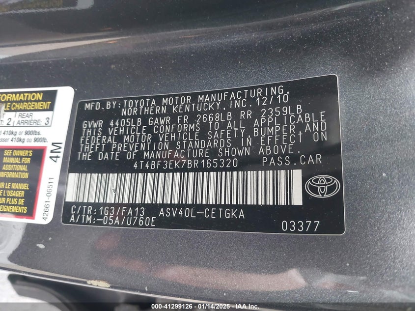 2011 TOYOTA CAMRY VIN: 4T4BF3EK7BR165320