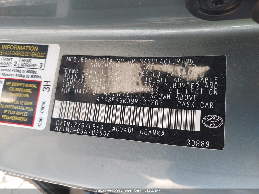 2009 TOYOTA CAMRY VIN: 4T4BE46K39R131702