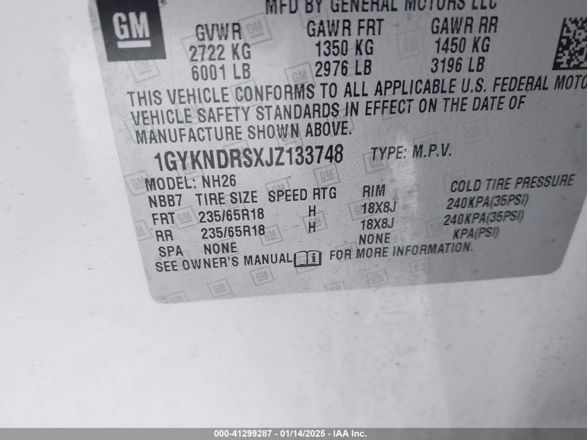 2018 Cadillac Xt5 Luxury VIN: 1GYKNDRSXJZ133748 Lot: 41299287