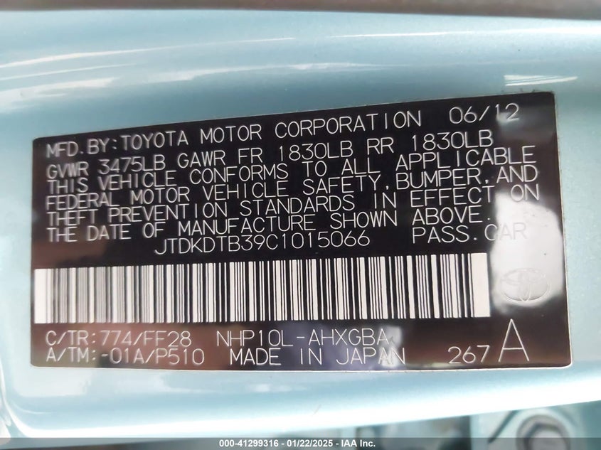 2012 TOYOTA PRIUS C VIN: JTDKDTB39C1015066