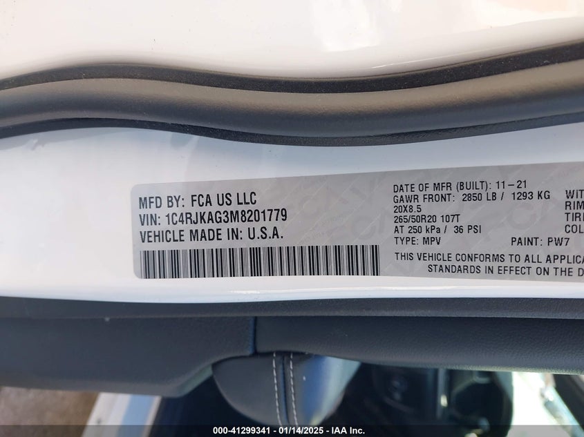 2021 Jeep Grand Cherokee L Altitude 4X4 VIN: 1C4RJKAG3M8201779 Lot: 41299341