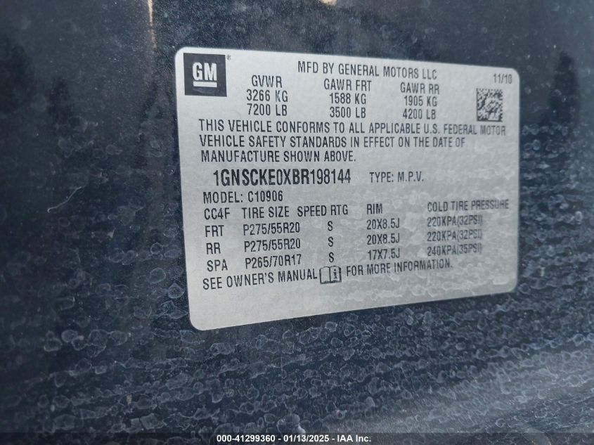 2011 Chevrolet Suburban 1500 Ltz VIN: 1GNSCKE0XBR198144 Lot: 41299360