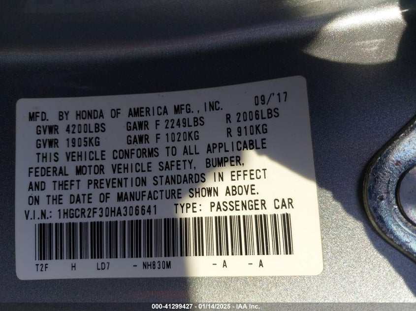 2017 HONDA ACCORD VIN: 1HGCR2F30HA306641