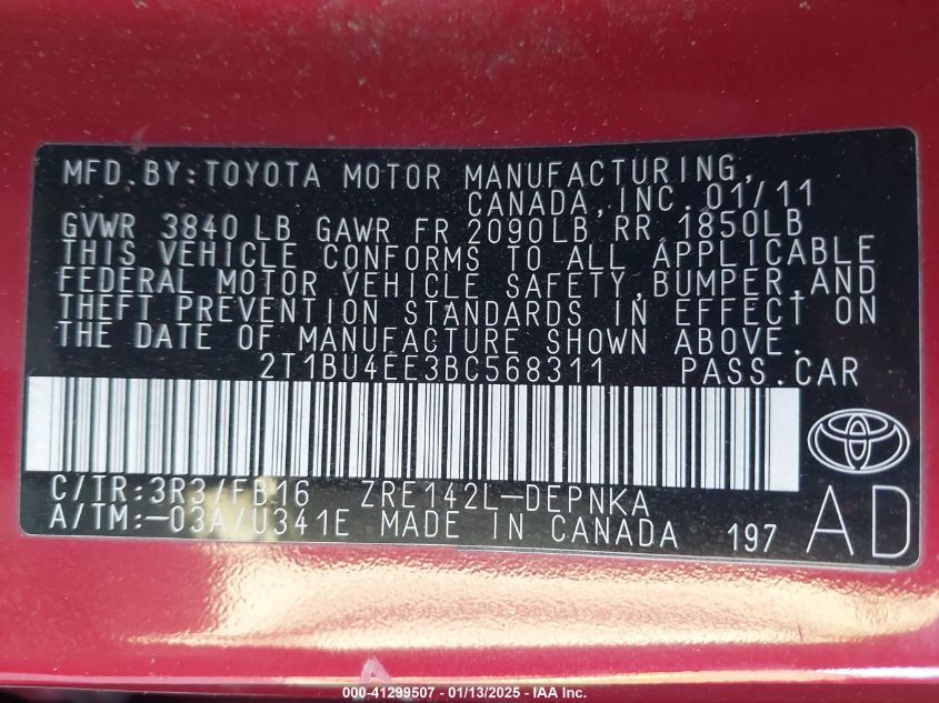 2011 Toyota Corolla Le VIN: 2T1BU4EE3BC568311 Lot: 41299507