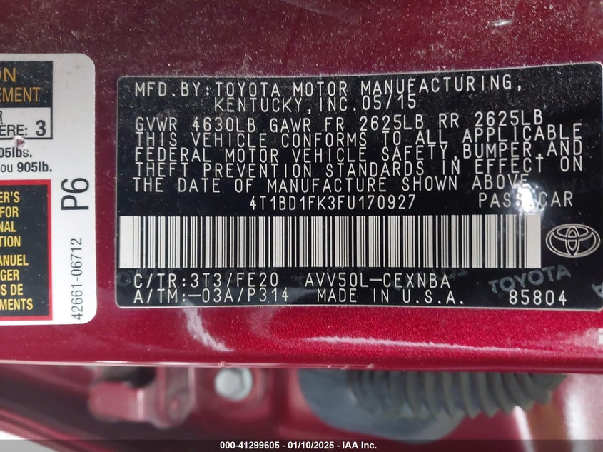 2015 TOYOTA CAMRY HYBRID VIN: 4T1BD1FK3FU170927