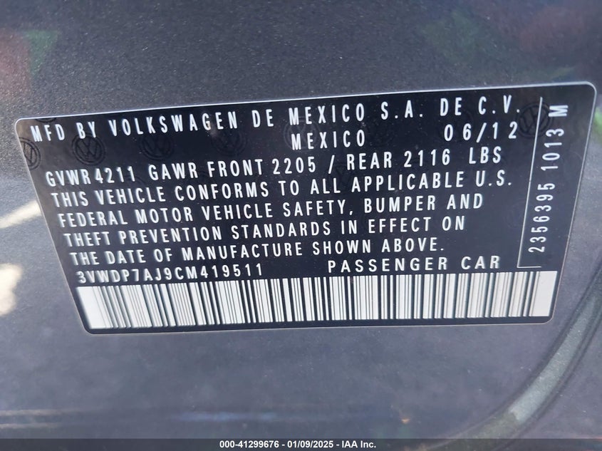 2012 VOLKSWAGEN JETTA VIN: 3VWDP7AJ9CM419511