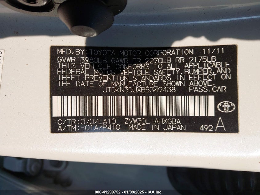 2011 TOYOTA PRIUS VIN: JTDKN3DUXB5349438