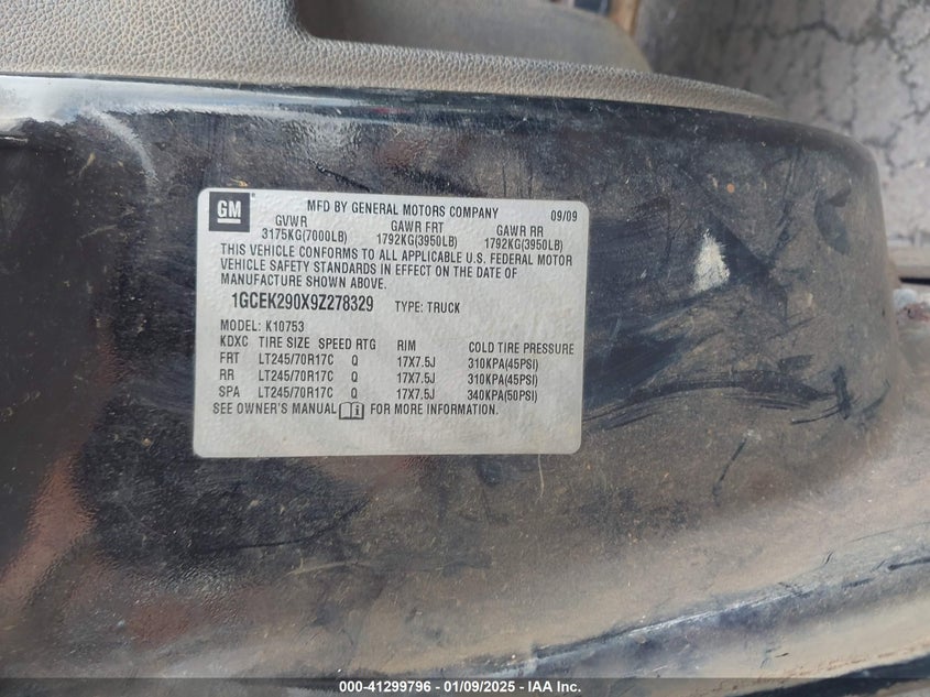 2009 CHEVROLET SILVERADO 1500 VIN: 1GCEK290X9Z278329