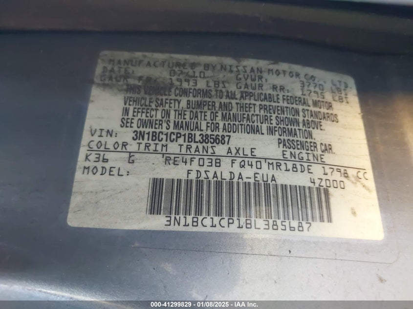2011 NISSAN VERSA VIN: 3N1BC1CP1BL385687
