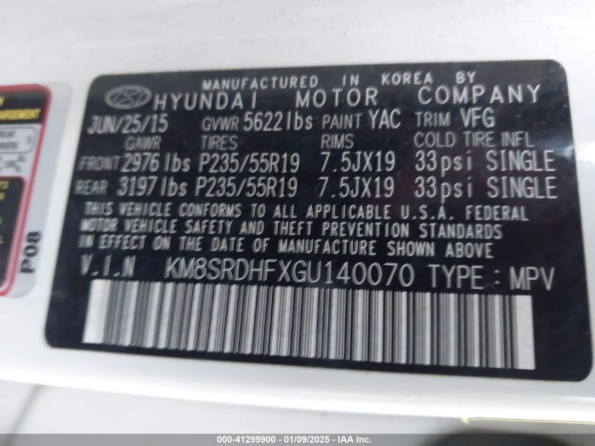 VIN KM8SRDHFXGU140070 2016 HYUNDAI SANTA FE no.9