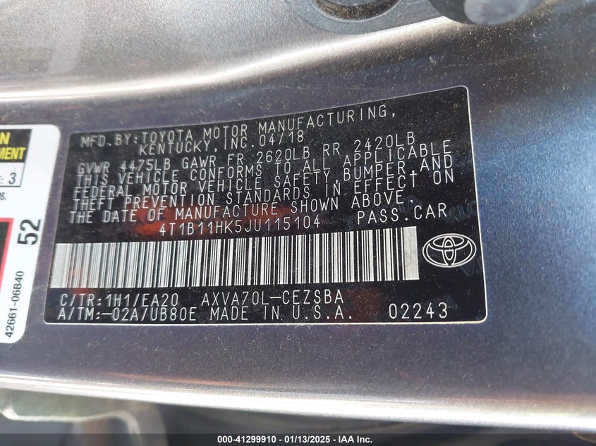 2018 TOYOTA CAMRY VIN: 4T1B11HK5JU115104