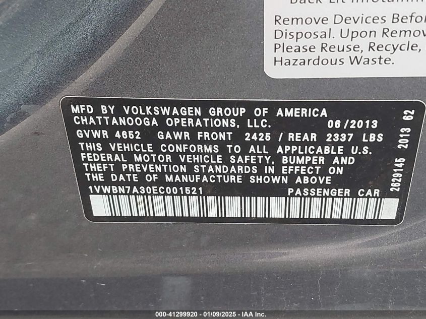 VIN 1VWBN7A30EC001521 2014 VOLKSWAGEN PASSAT no.9