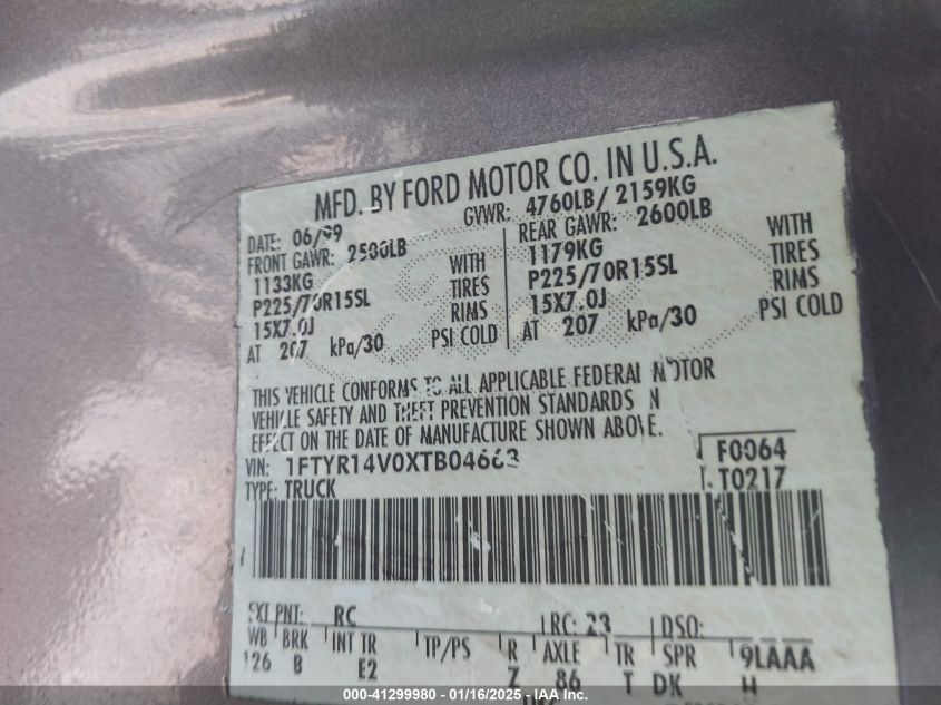 1999 Ford Ranger Xl/Xlt VIN: 1FTYR14V0XTB04663 Lot: 41299980