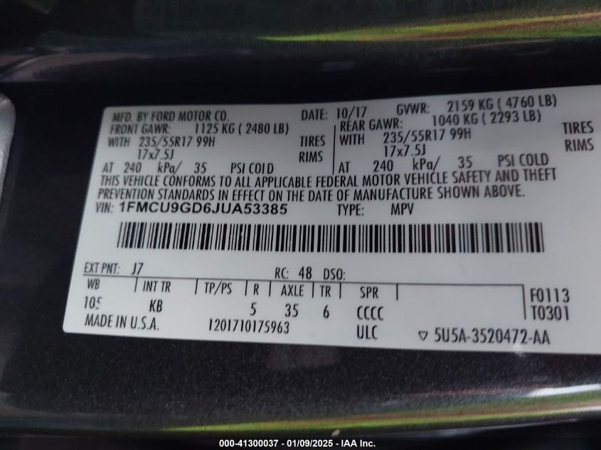 VIN 1FMCU9GD6JUA53385 2018 FORD ESCAPE no.9