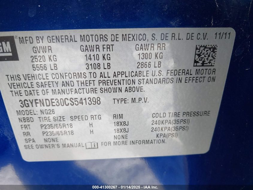 2012 Cadillac Srx Luxury Collection VIN: 3GYFNDE30CS541398 Lot: 41300267