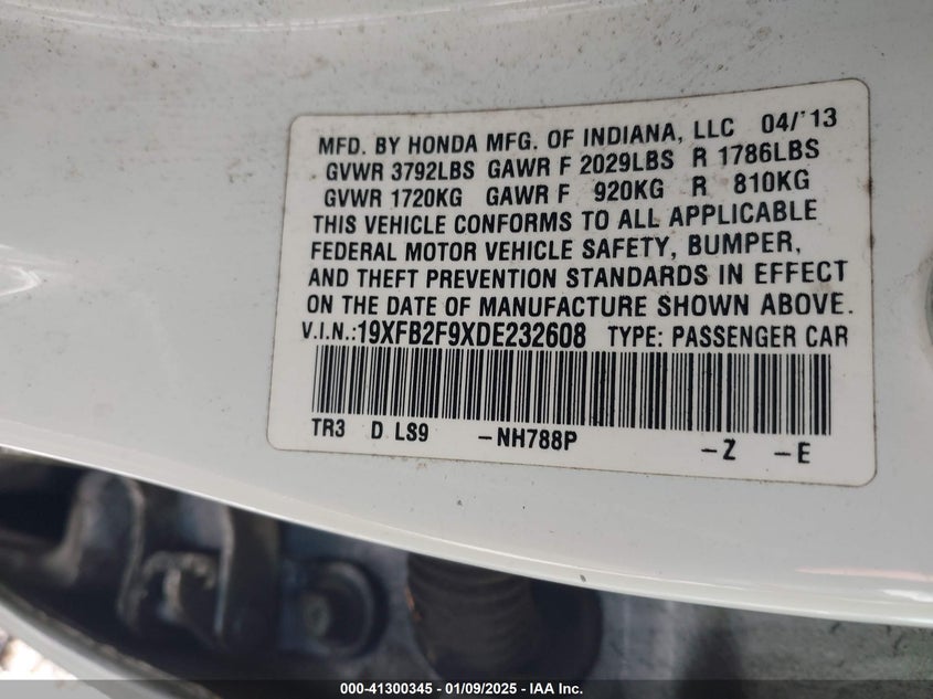 2013 HONDA CIVIC VIN: 19XFB2F9XDE232608