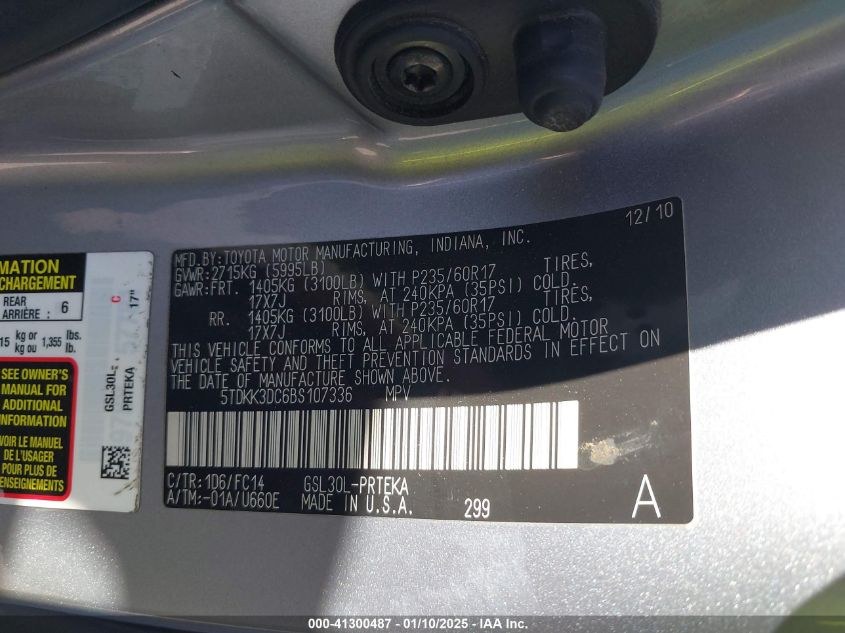 2011 Toyota Sienna Le V6 VIN: 5TDKK3DC6BS107336 Lot: 41300487