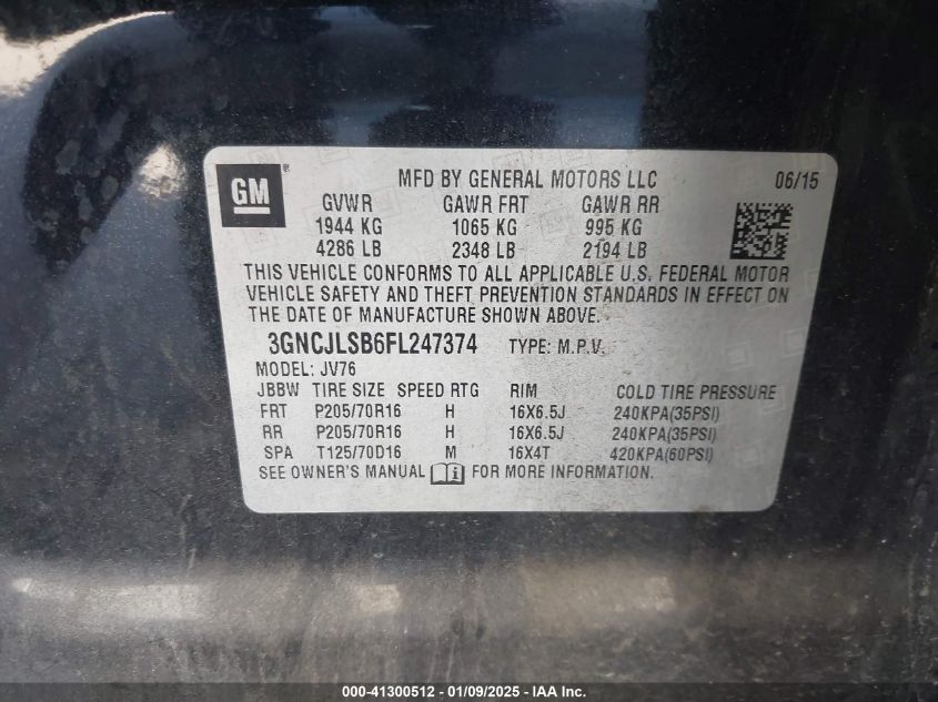 VIN 3GNCJLSB6FL247374 2015 CHEVROLET TRAX no.9