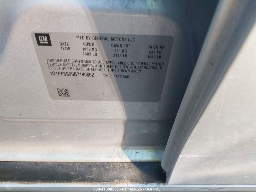 2011 Chevrolet Cruze 1Lt VIN: 1G1PF5S99B7149662 Lot: 41300538