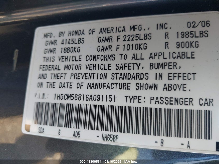 2006 HONDA ACCORD VIN: 1HGCM56816A091151
