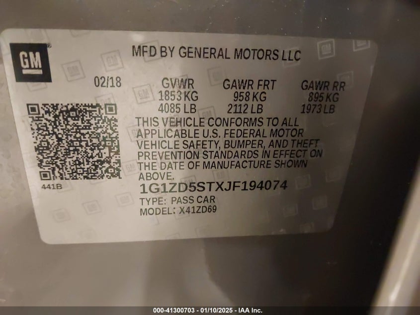 2018 CHEVROLET MALIBU VIN: 1G1ZD5STXJF194074