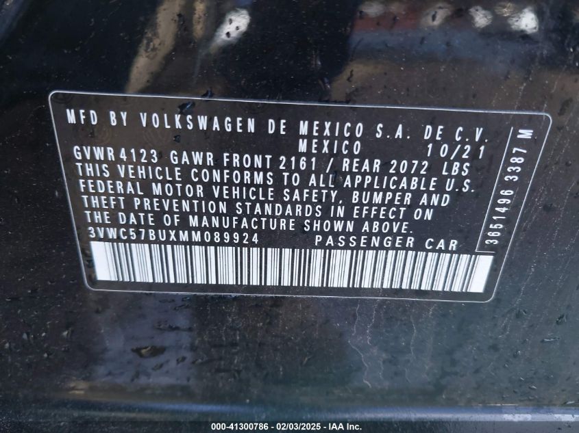 2021 Volkswagen Jetta 1.4T R-Line/1.4T S/1.4T Se VIN: 3VWC57BUXMM089924 Lot: 41300786