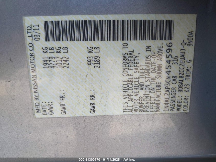 2012 NISSAN ALTIMA VIN: 1N4AL2AP3CN454596