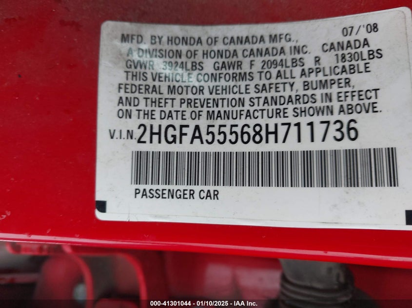 2008 HONDA CIVIC VIN: 2HGFA55568H711736