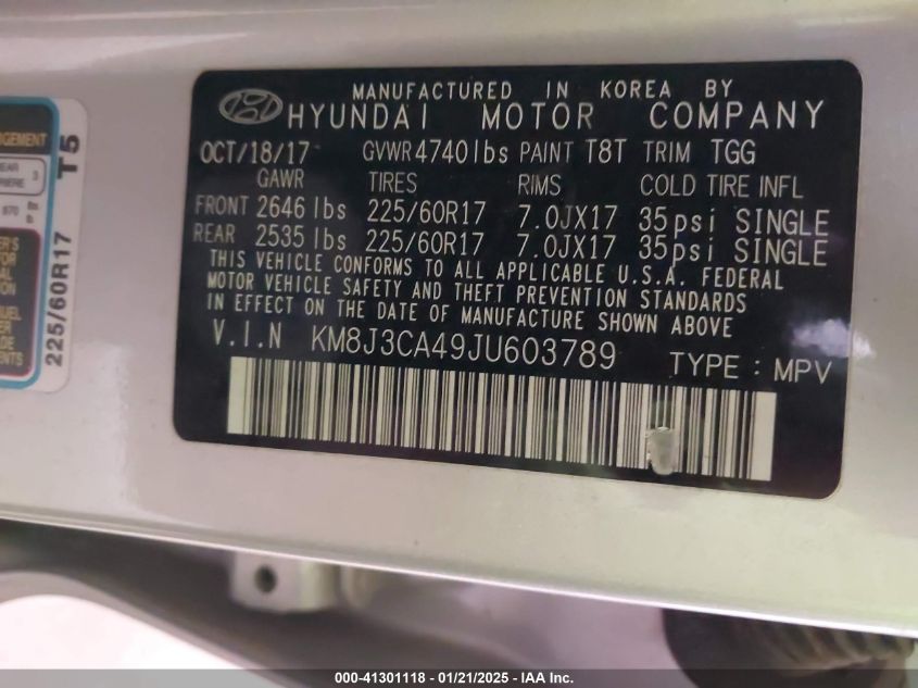 2018 Hyundai Tucson Sel VIN: KM8J3CA49JU603789 Lot: 41301118