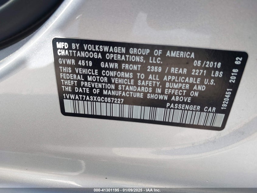 2016 VOLKSWAGEN PASSAT VIN: 1VWAT7A3XGC057227