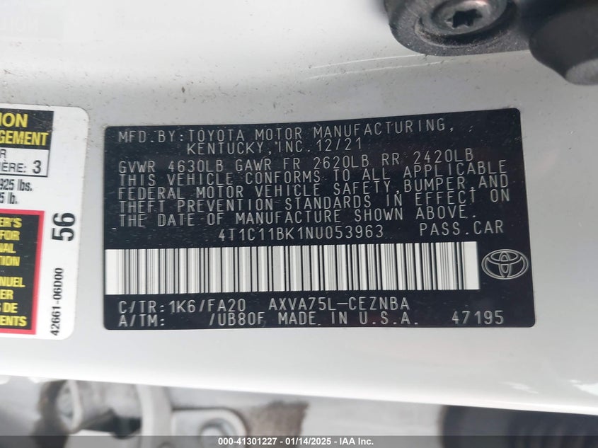 2022 TOYOTA CAMRY VIN: 4T1C11BK1NU053963