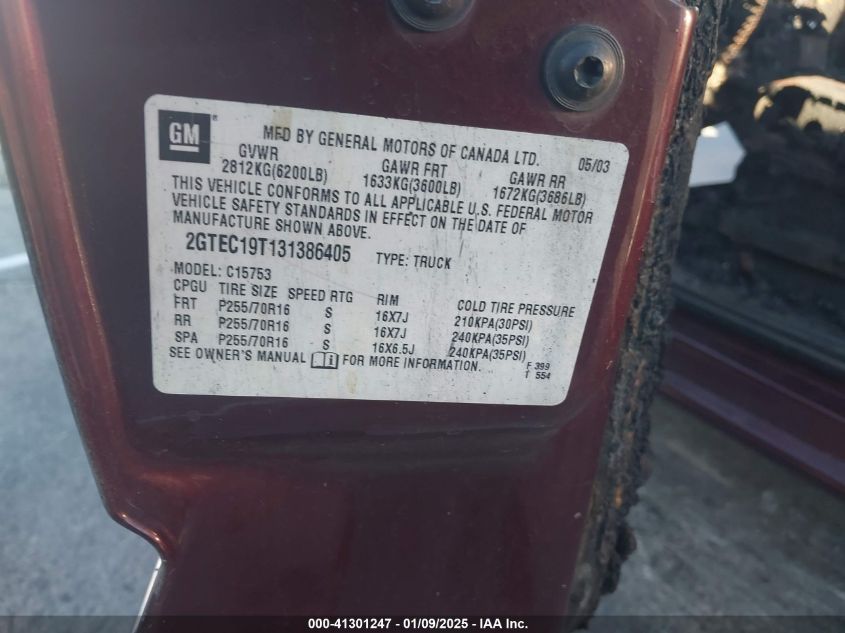 2003 GMC Sierra 1500 Sle VIN: 2GTEC19T131386405 Lot: 41301247