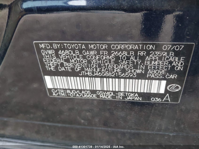 2008 LEXUS ES 350 VIN: JTHBJ46G882156593