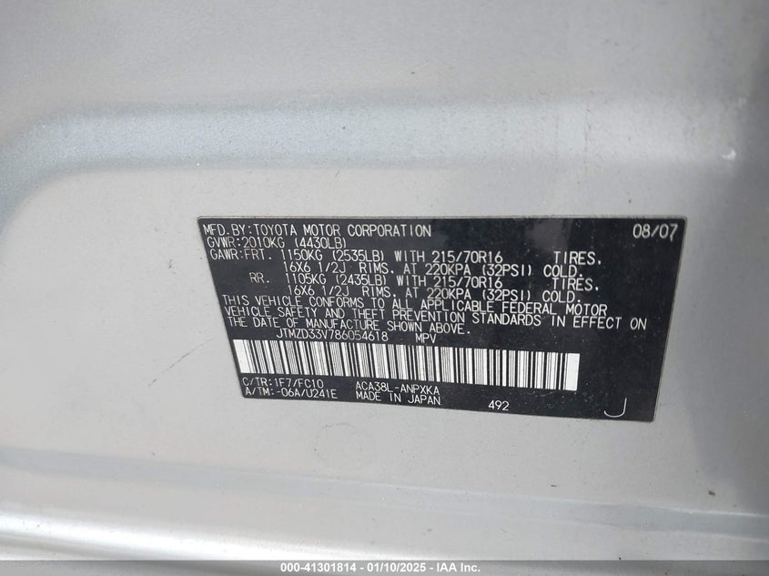 2008 Toyota Rav4 VIN: JTMZD33V786054618 Lot: 41301814