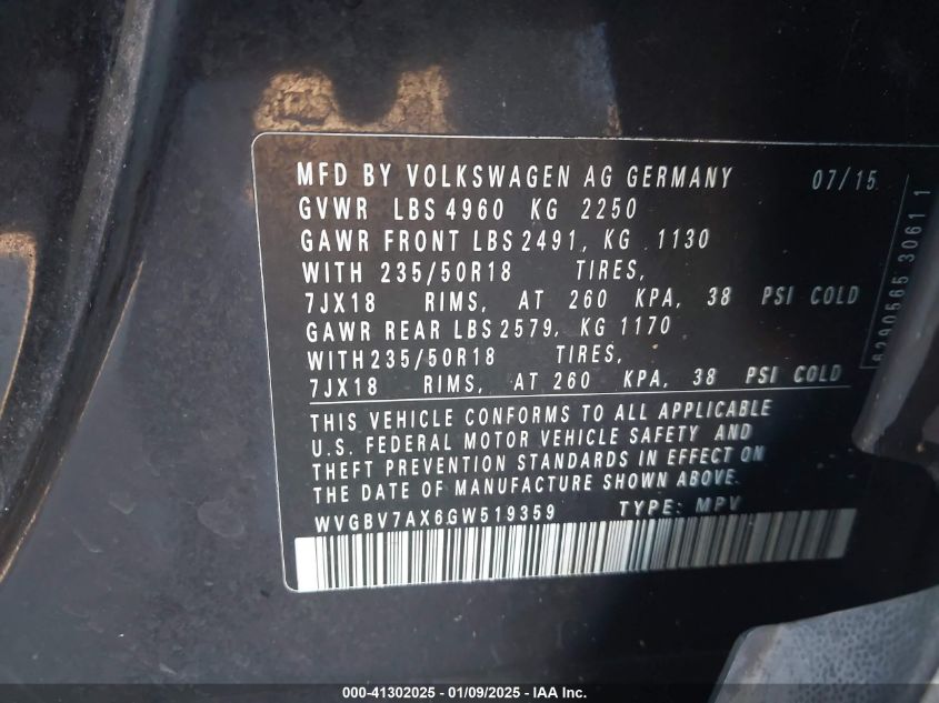 VIN WVGBV7AX6GW519359 2016 Volkswagen Tiguan, SE no.9