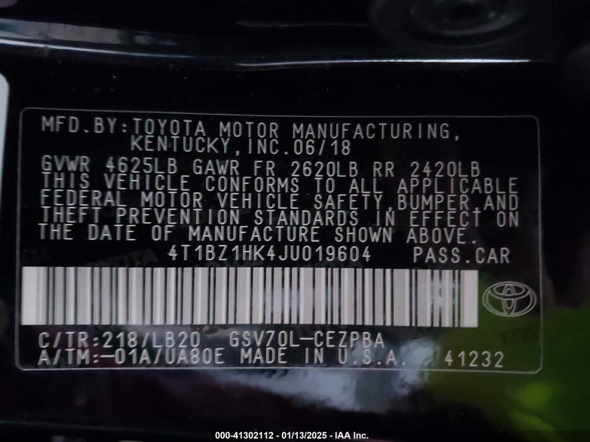 2018 TOYOTA CAMRY VIN: 4T1BZ1HK4JU019604
