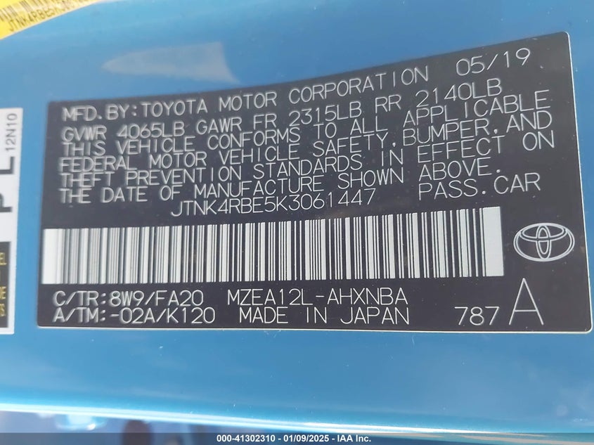 2019 TOYOTA COROLLA VIN: JTNK4RBE5K3061447