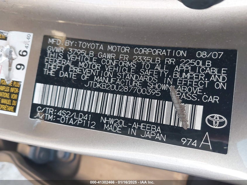2008 TOYOTA PRIUS VIN: JTDKB20U287700395