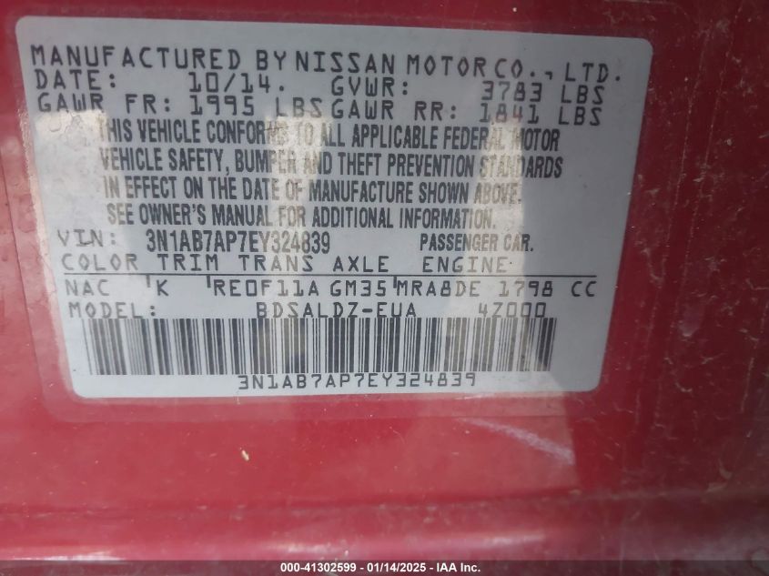 VIN 3N1AB7AP7EY324839 2014 NISSAN SENTRA no.9