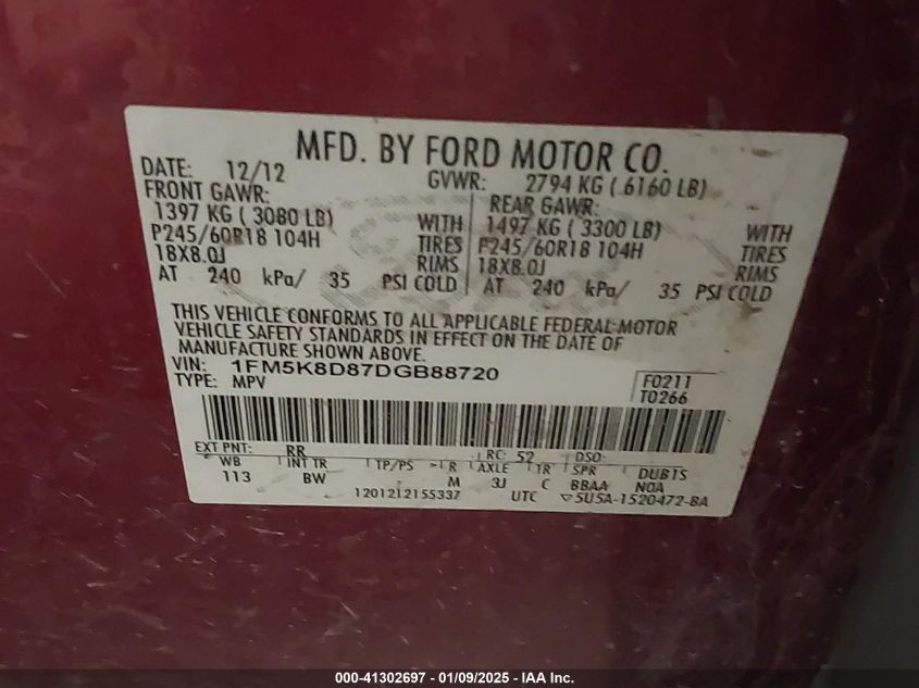 VIN 1FM5K8D87DGB88720 2013 Ford Explorer, Xlt no.9