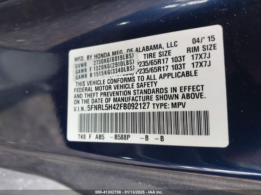 VIN 5FNRL5H42FB092127 2015 HONDA ODYSSEY no.9