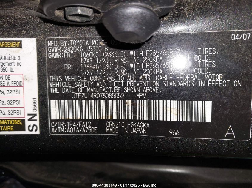 2007 Toyota 4Runner Sr5 V6 VIN: JTEZU14R078085052 Lot: 41303149