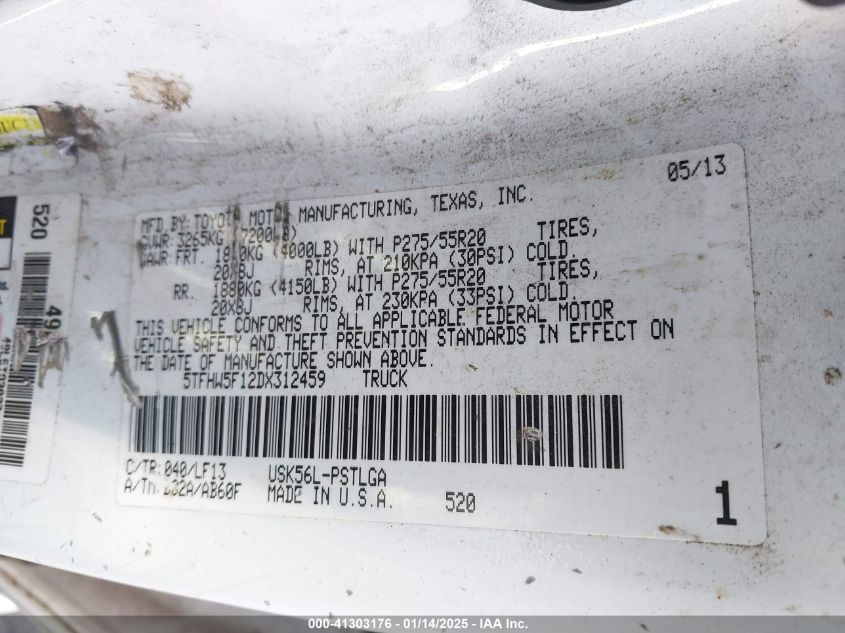 2013 Toyota Tundra Limited 5.7L V8 VIN: 5TFHW5F12DX312459 Lot: 41303176