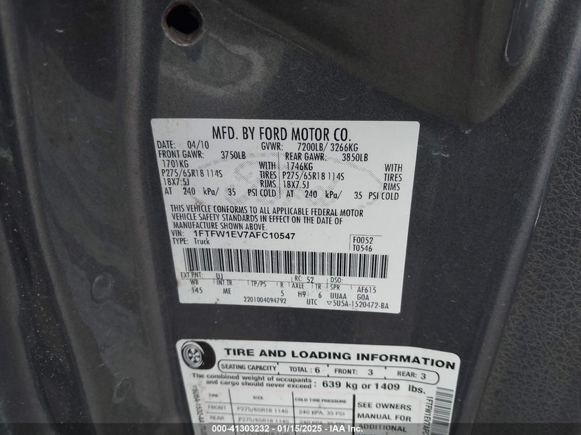 2010 FORD F-150 VIN: 1FTFW1EV7AFC10547