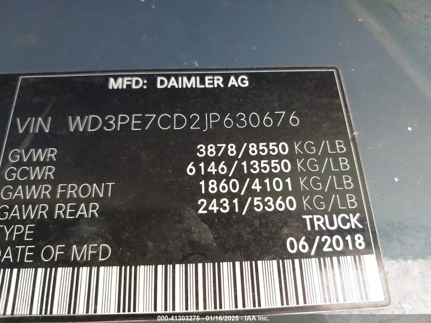 2018 Mercedes-Benz Sprinter 2500 Standard Roof V6 VIN: WD3PE7CD2JP630676 Lot: 41303275