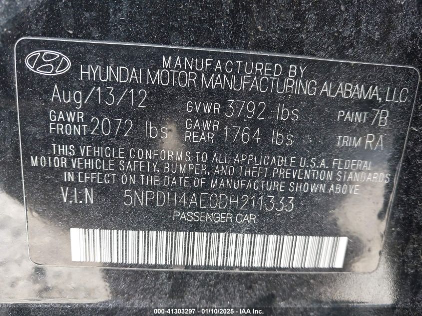 VIN 5NPDH4AEODH211333 2013 Hyundai Elantra, Gls no.9