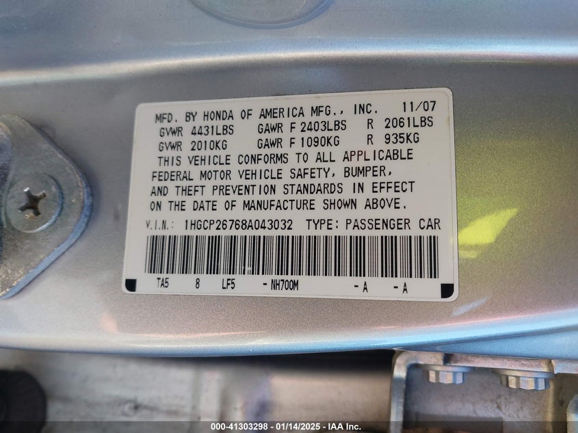 2008 HONDA ACCORD VIN: 1HGCP26768A043032